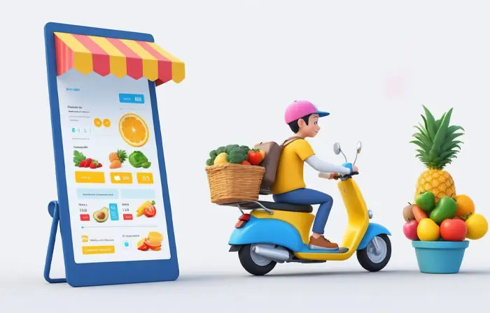 Food Delivery Boy on Bike 3D Character Design Illustration
